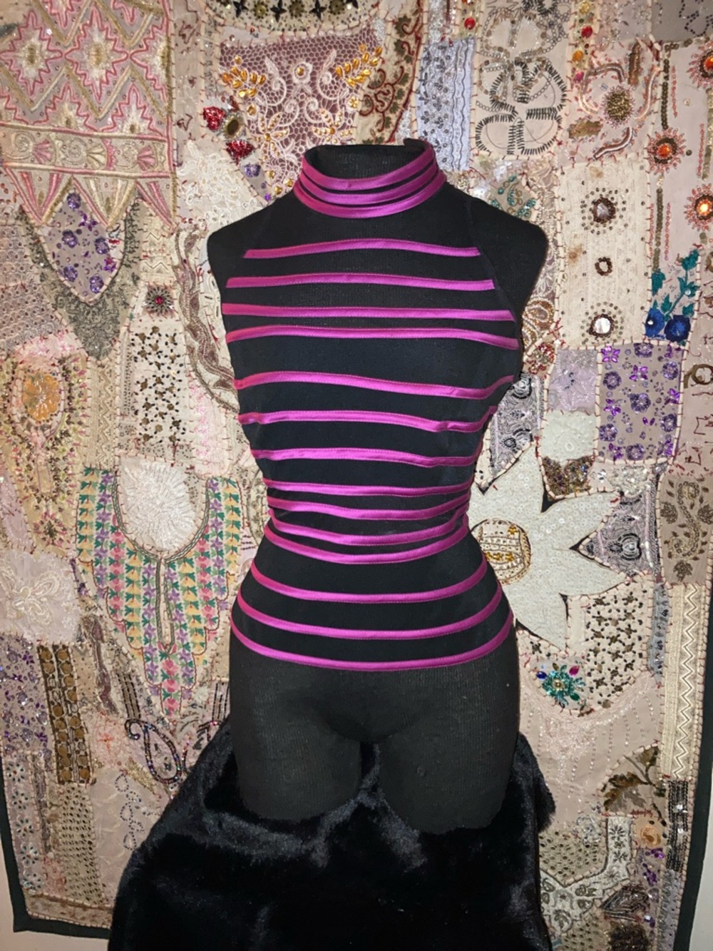 JS Collections Black Mock Neck Tank with Magenta Stripes